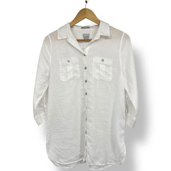 Chico's Linen Button Up Tunic Blouse 3/4 Sleeve White Top Women's 0 XS - Picture 1 of 7